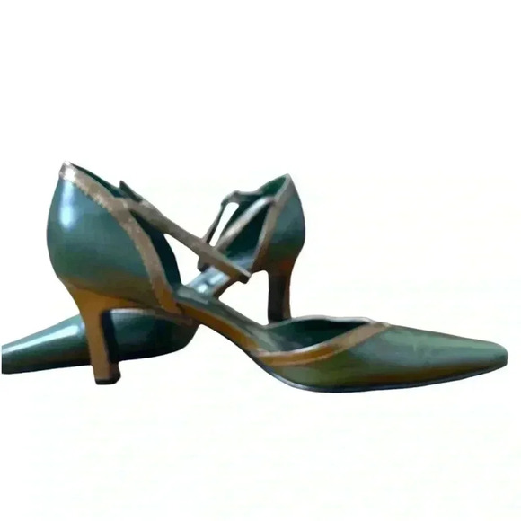 Vintage Pierre Michel Delicate Olive Green w Bronze Trim, Ankle  Strap Heels - Picture 4 of 13